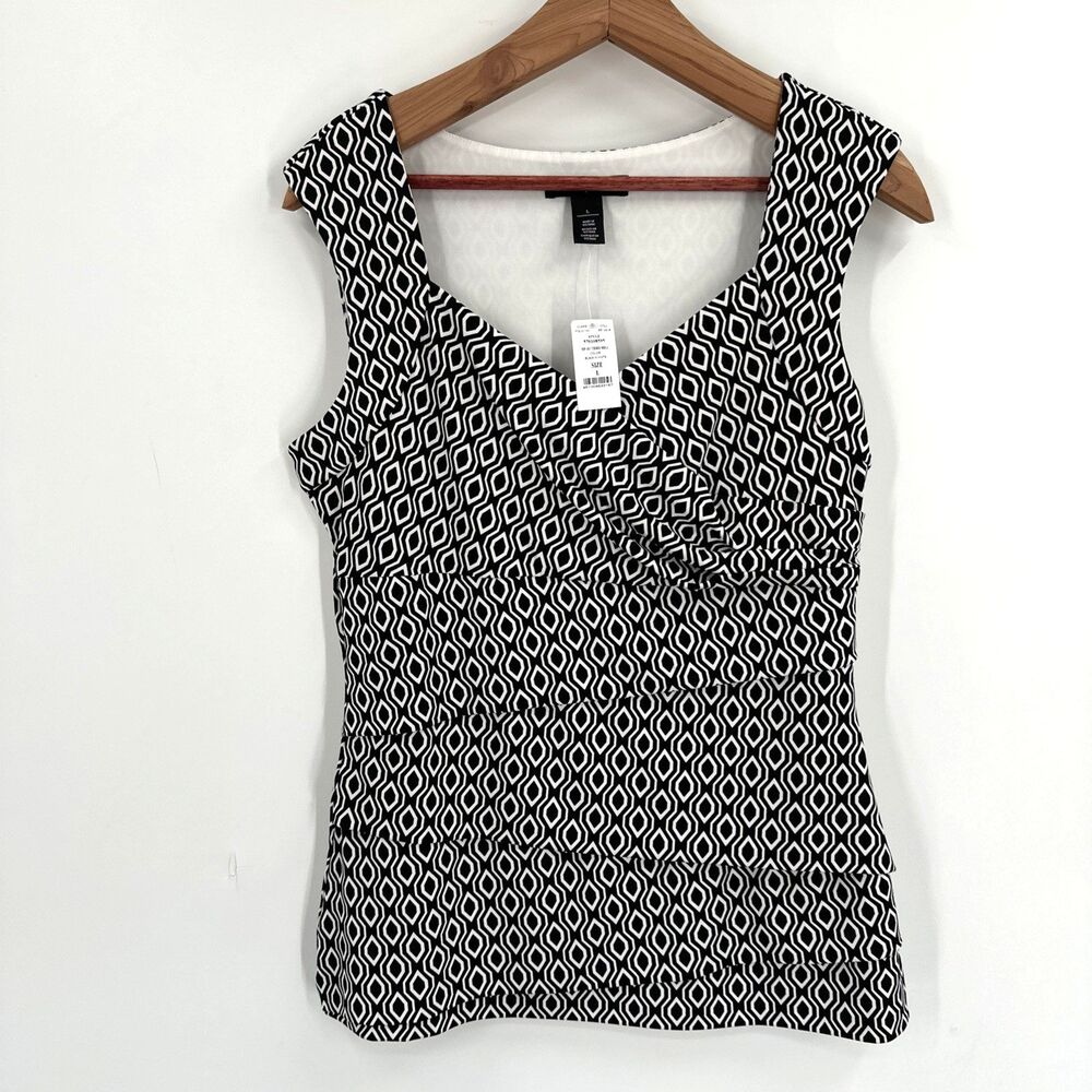 WHBM Women's Top Large Black White Tiered Shell Tank Layered V-Neck Office NEW
